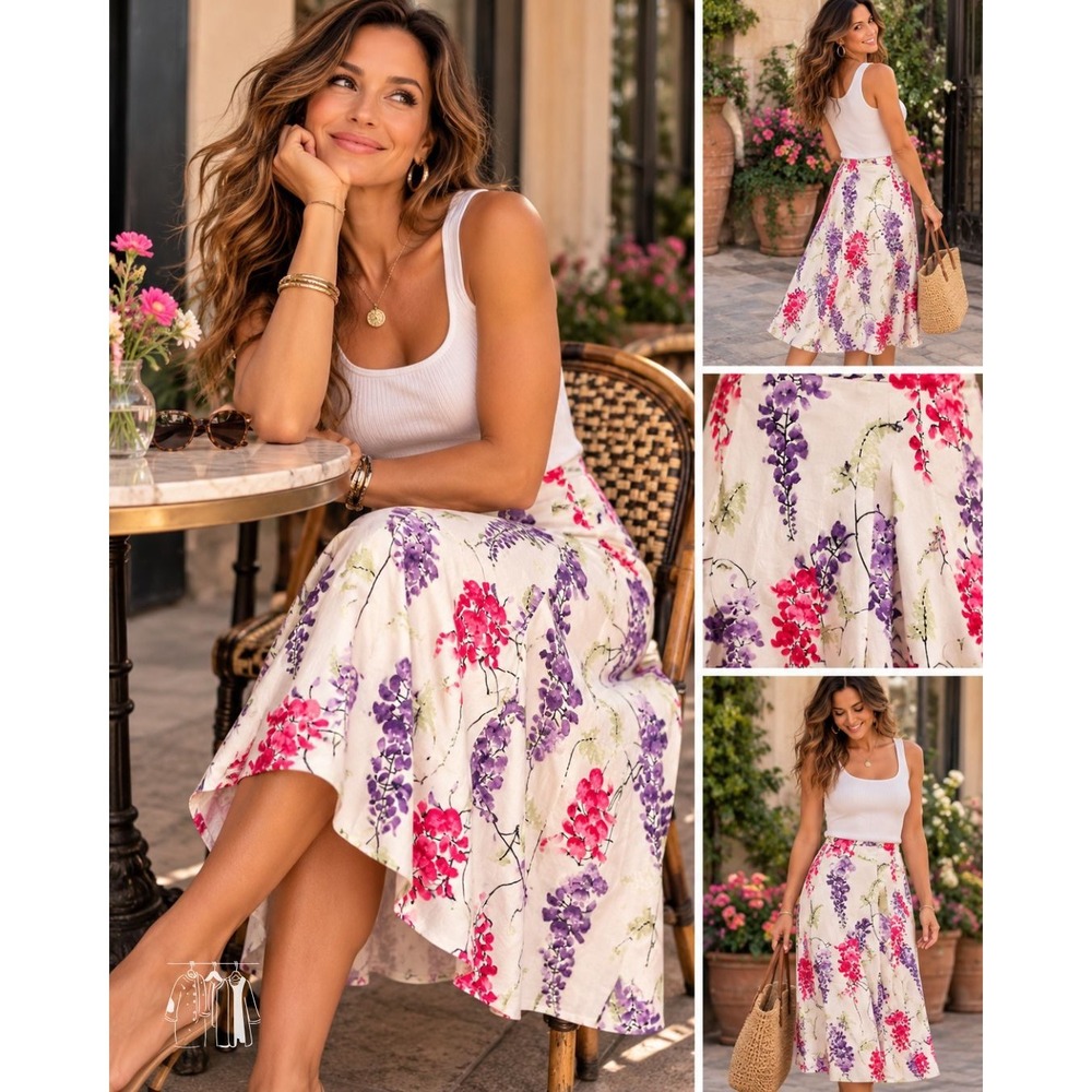 Talbots A-Line Skirt Womens 14 White Purple Floral Print EUC Wisteria Midi